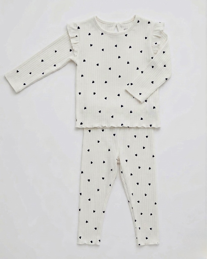 ribbed heart print full sleeve set
